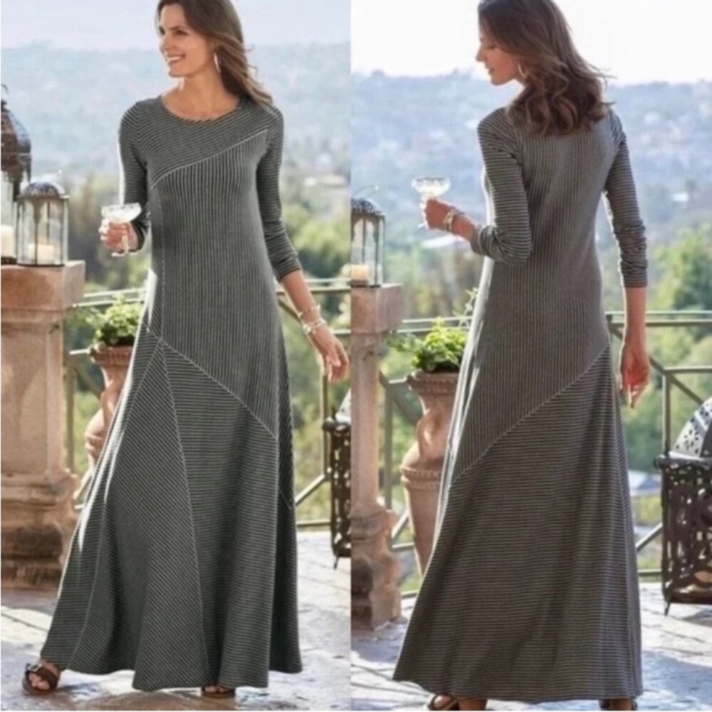 Soft Surroundings Ryley Maxi Dress Luxe Black Slanted Stripe Stretch Size LP NEW